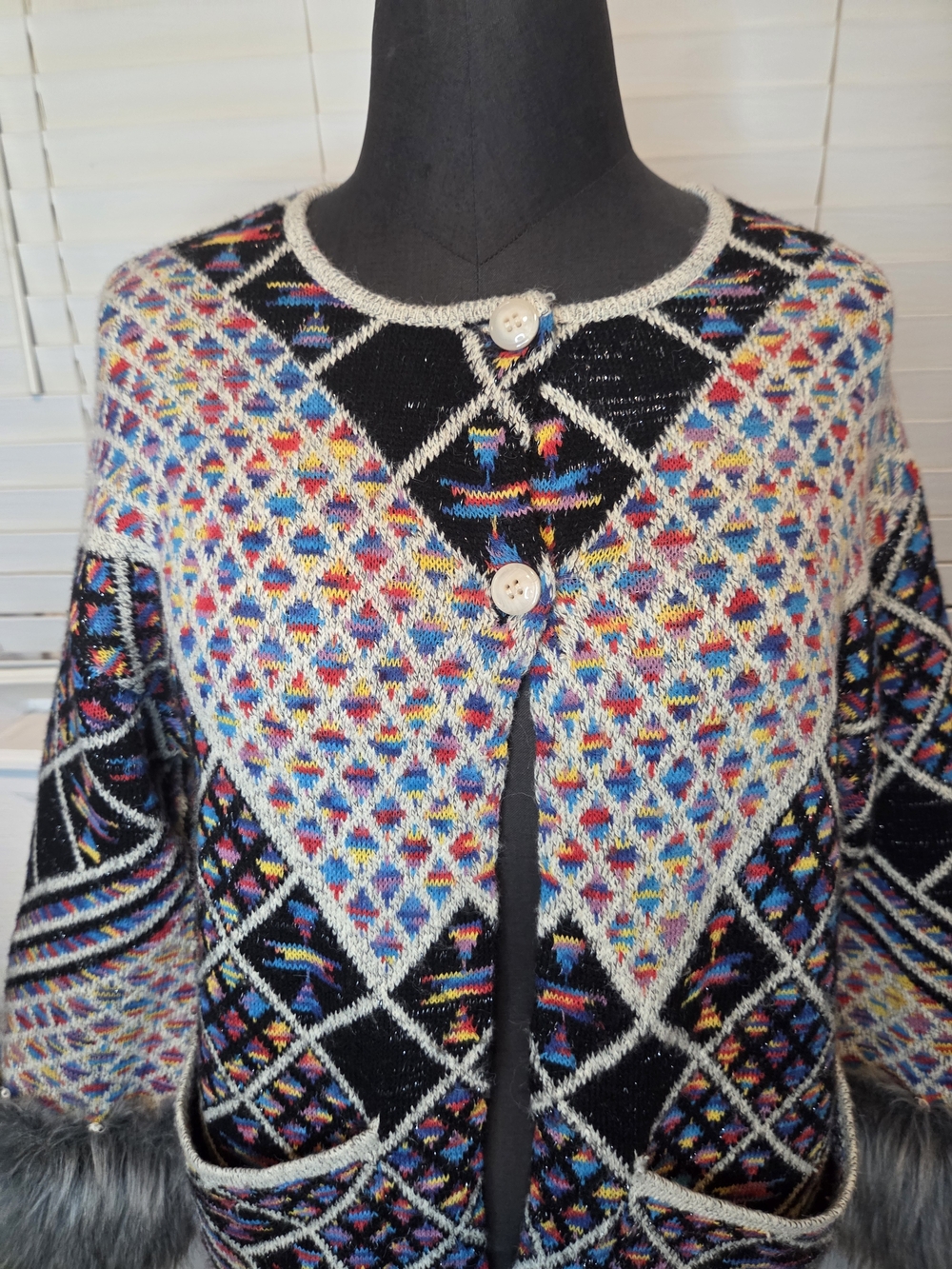 Multicolor Geometric Knit Cardigan with Faux Fur Cuffs - Picture 2 of 7